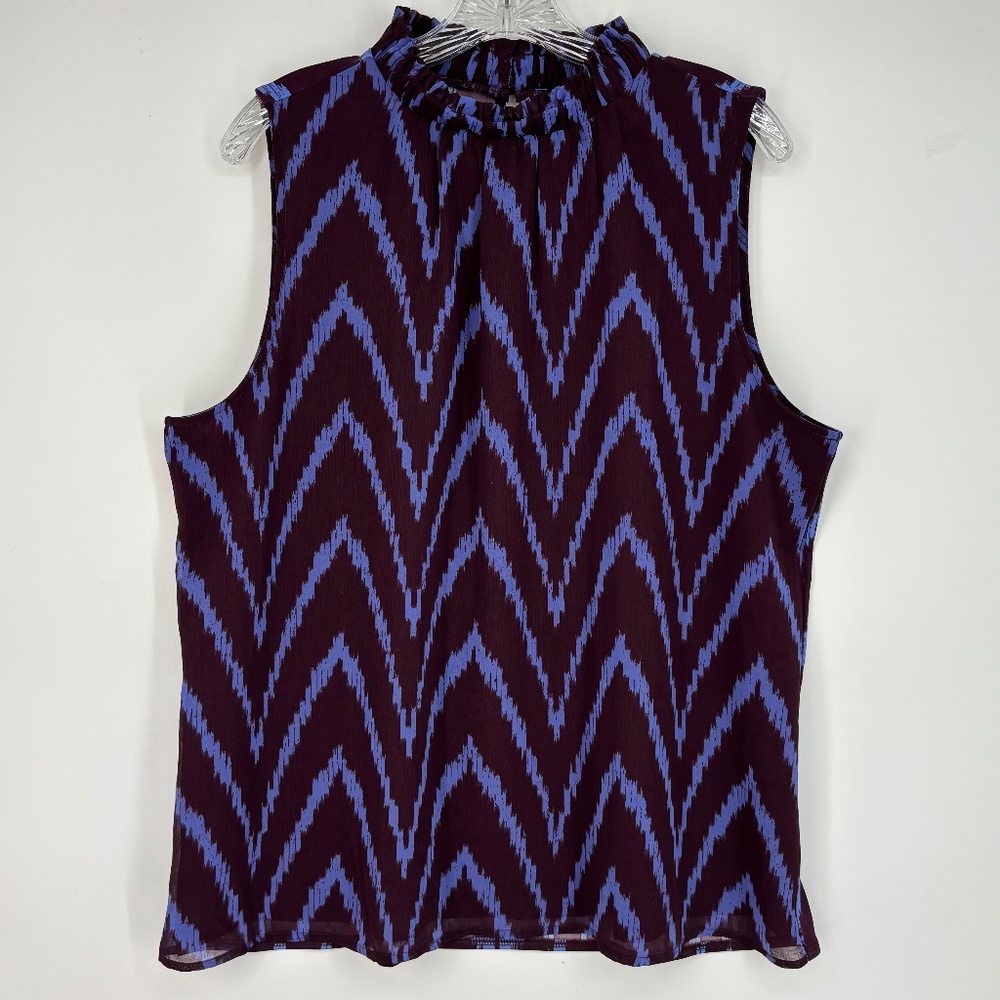 Ann Taylor Womens Large Sleeveless Blouse Purple Blue Chevron Stripe Ruched Neck